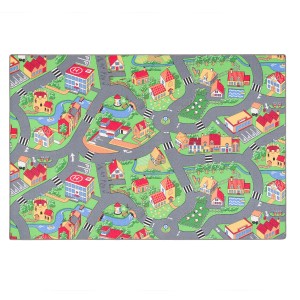 Grüner Kinder Straßenteppich 100x200cm mit Stadtmotiv für Spielzimmer.