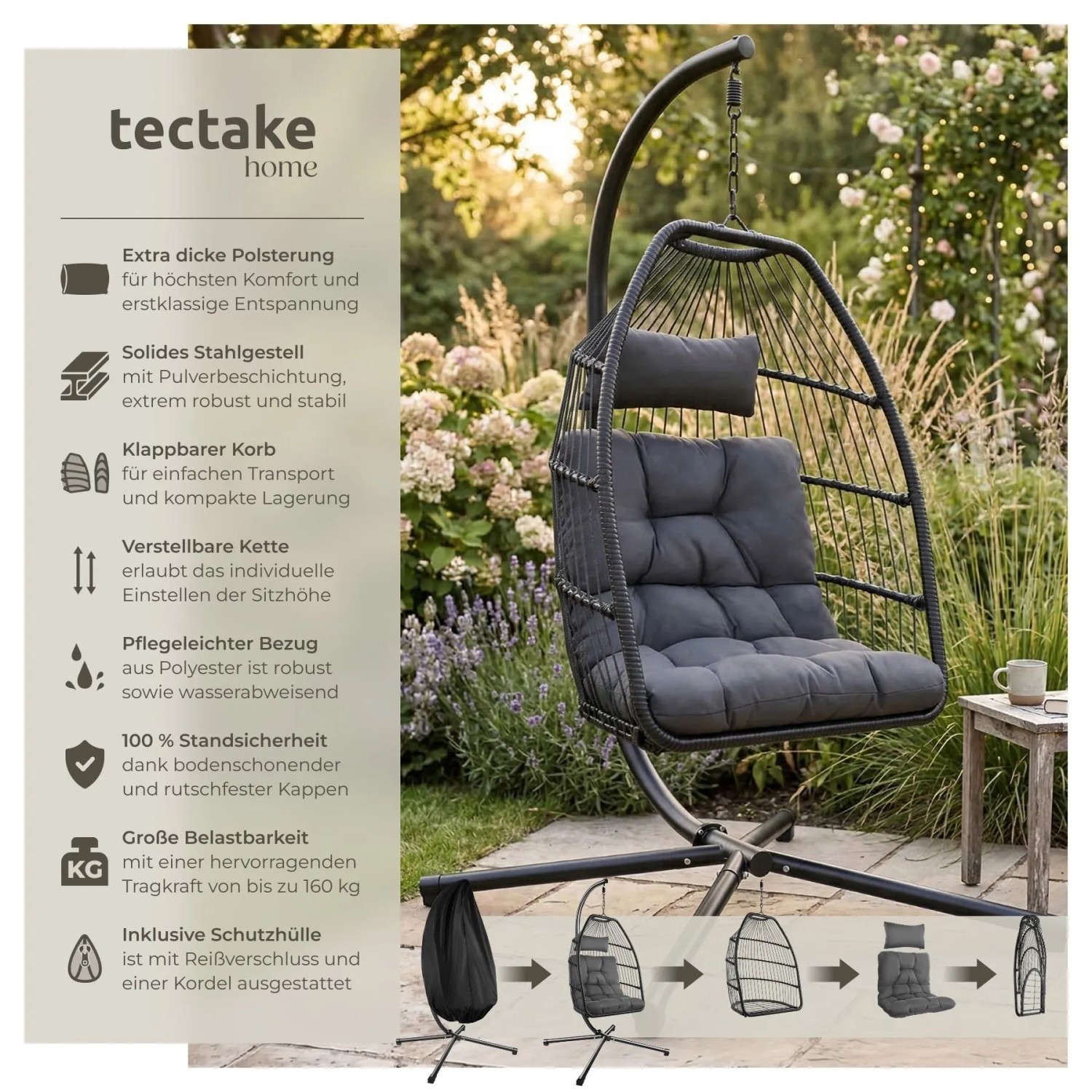 Tectake Hängesessel Ariane Mit Extra Dickem Sitz  und Kopfkissen Stabil  Bodenschonend und Faltbar  107 x 98 x 202 cm Dunkelgrau_2