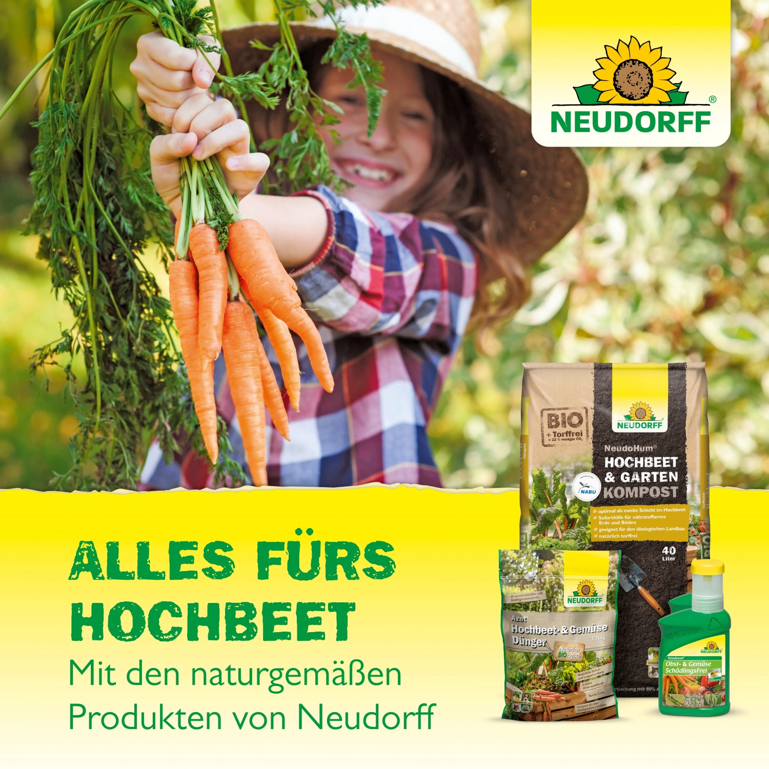 Neudorff Hochbeet-Produkte: Mädchen mit Karotten, Hochbeetdünger, Kompost und Zubehör für den Garten.