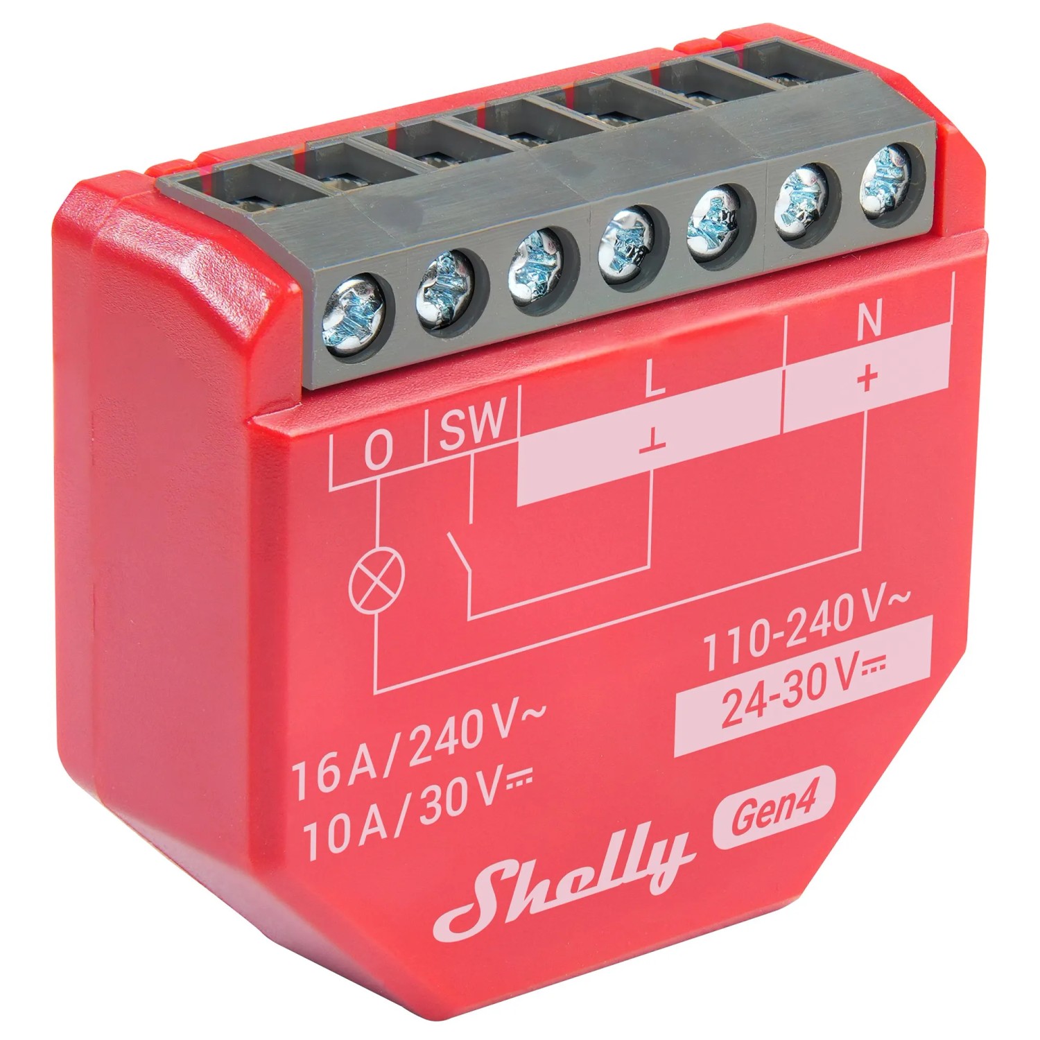 Shelly 1PM Gen4 Smart-Relais Unterputz in Rot für die Hausautomation.