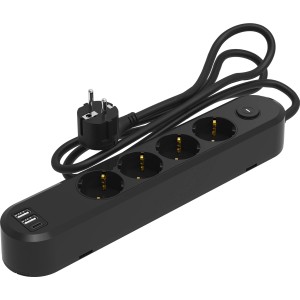 Schwarze 4-fach Steckdosenleiste mit USB-C/A und Schalter für den Innenbereich.