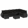 Schwarze 9-teilige vidaXL Garten-Sofagarnitur aus Poly Rattan mit Tisch und Kissen.