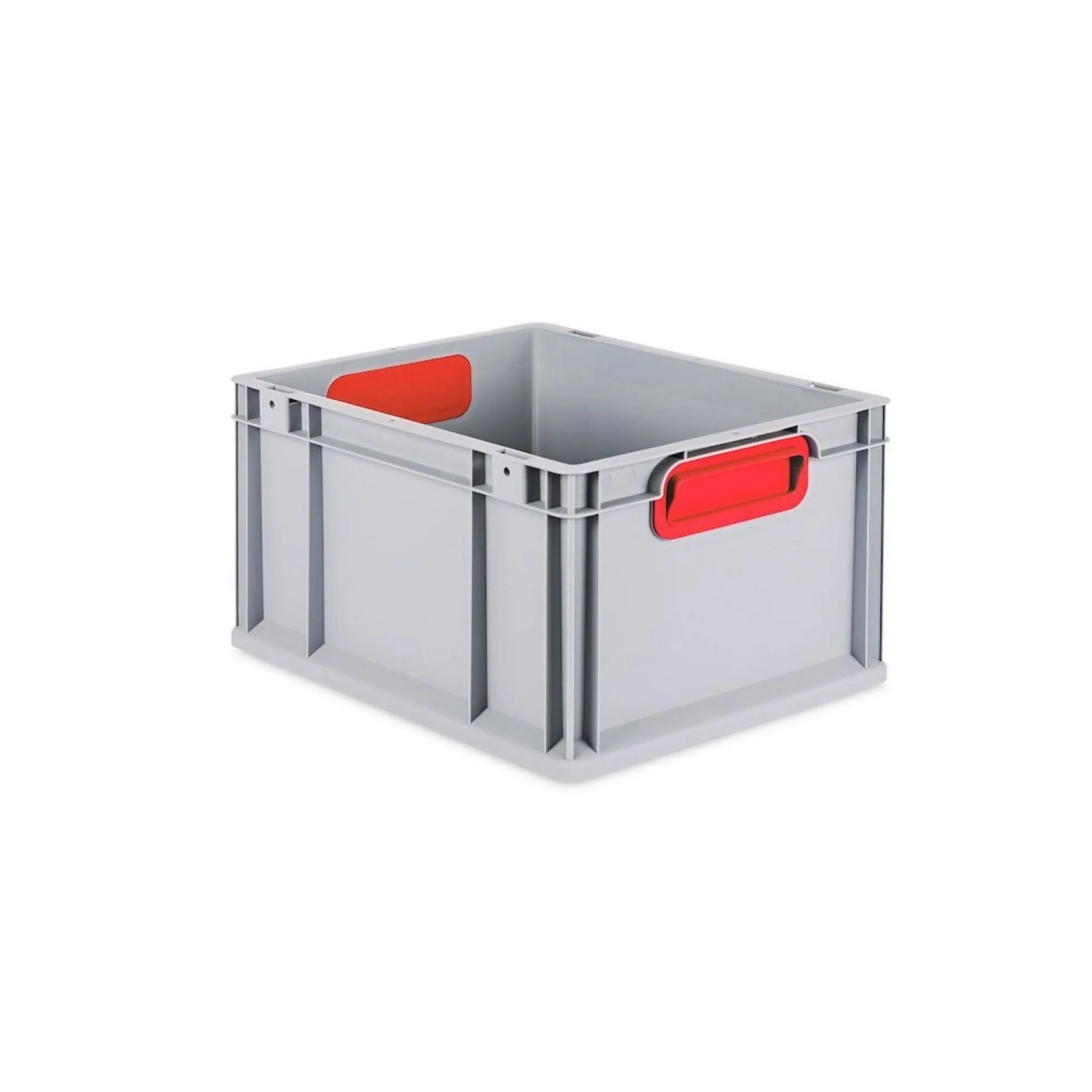 Graue PROREGAL Eurobox mit roten Griffen und Auflagedeckel, ideal zur Aufbewahrung und Lagerung.