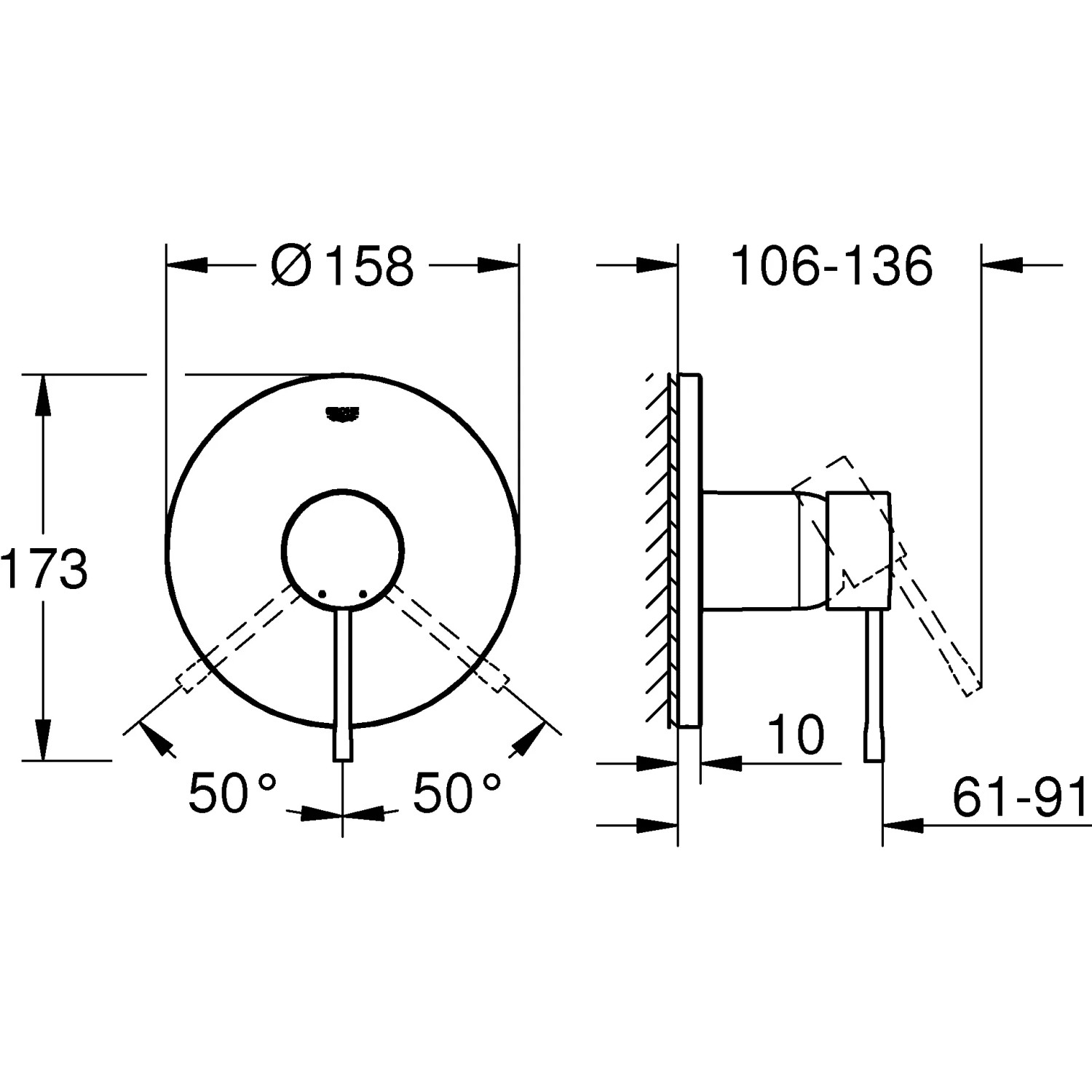 Technische Zeichnung: Grohe Essence Einhand-Brausebatterie in Chrom mit Maßangaben.