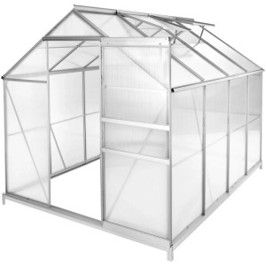 Transparentes Tectake Gewächshaus mit Alu-Rahmen, Schiebetür und Fundament.