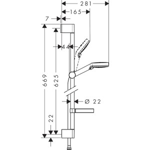 Technische Zeichnung Hansgrohe Crometta Vario Brauseset mit Stange (65cm), Maße in mm.