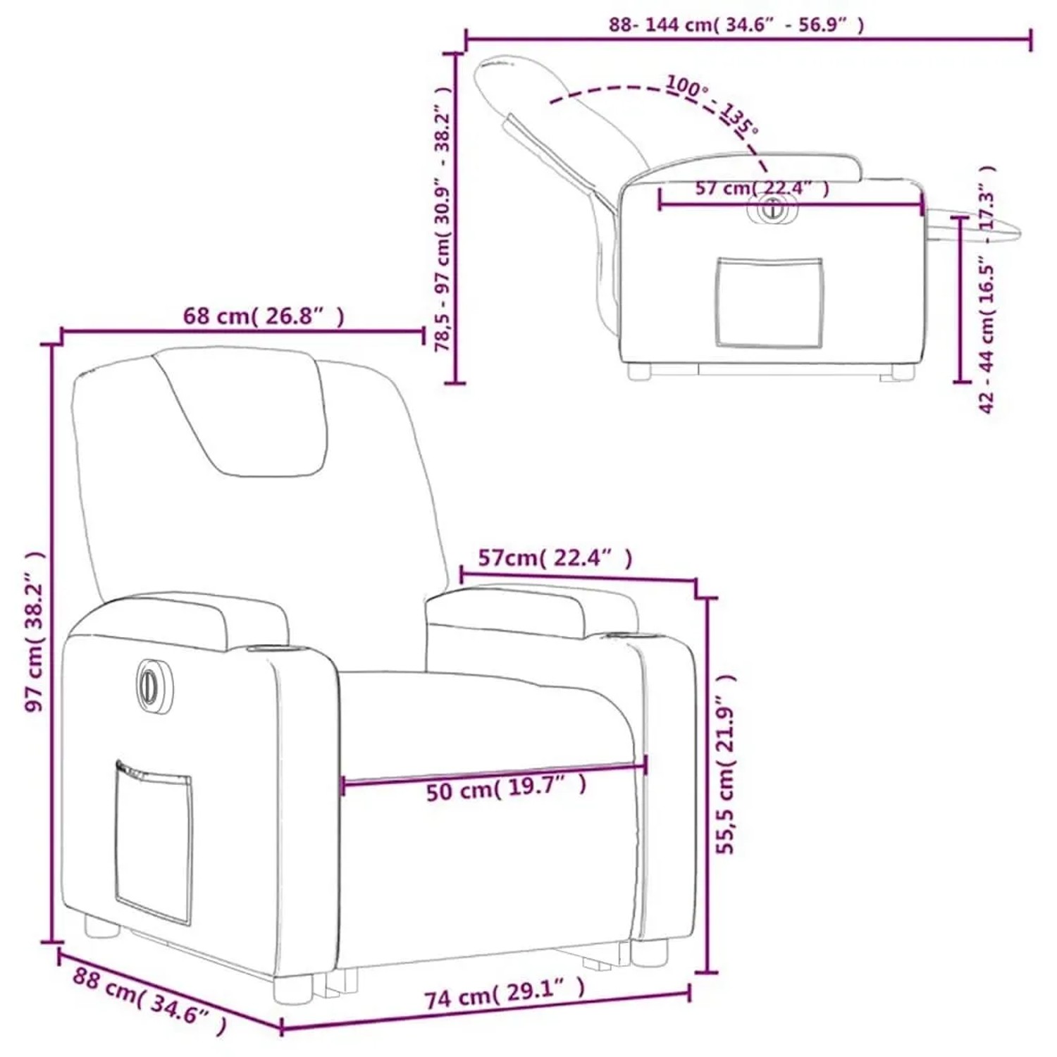 Maßzeichnung des vidaXL Relaxsessels mit Aufstehhilfe, rot, Kunstleder. Zeigt Maße in Sitz- und Liegeposition, Becherhalter.