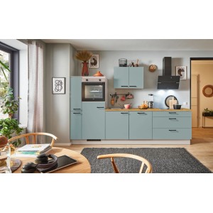 Moderne pino Küchenzeile in Fjordgrün mit Geräten und Seitenschrank. Komplett ausgestattete Einbauküche.