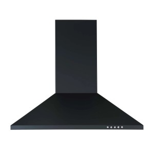 Schwarze Kamin-Dunstabzugshaube aus Stahlblech mit vier weißen Bedienknöpfen. Für moderne Einbauküchen.