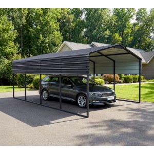 Grauer Westmann Carport Kopenhagen M aus Metall mit Satteldach, schützt ein Auto auf der Einfahrt.