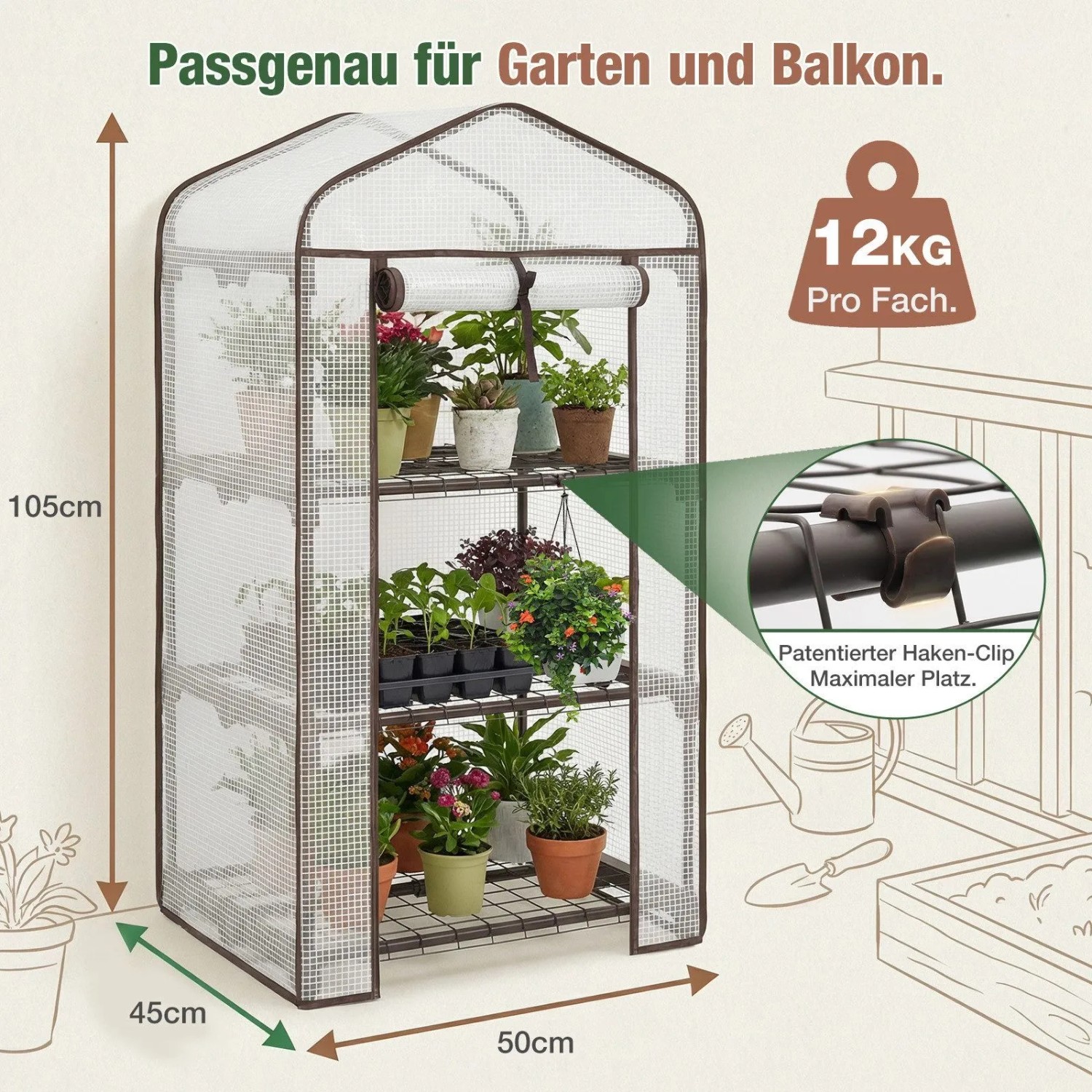 Kompaktes Foliengewächshaus 50x45x105cm mit 3 Etagen für Balkon & Garten. Transparentes Tomatenhaus mit braunem Stahlrahmen.