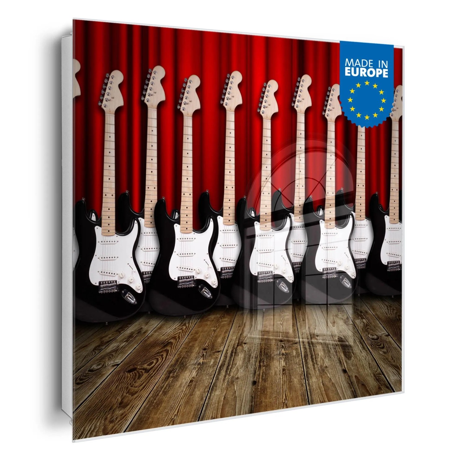 Banjado Großer Schlüsselkasten Glas 30x30cm Weiß Scharnier Rechts 50 Haken Beschreibbar Magnetisch Motiv E-Gitarren