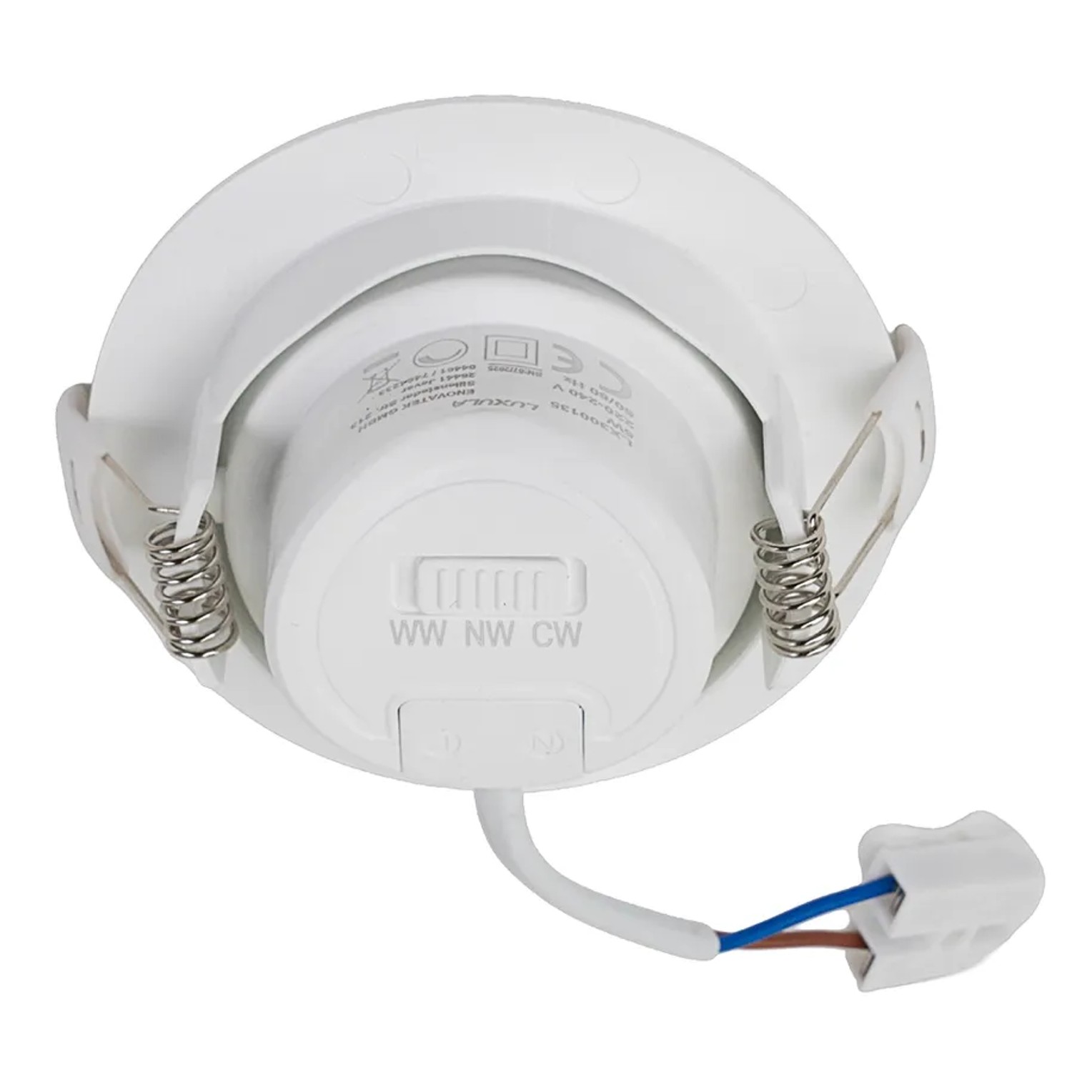 Weißer LUXULA LED Einbauspot (5W) mit Dimmfunktion und Farbwahl (CCT) von unten.
