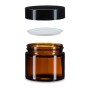 Brauner 60 ml Cremetiegel aus Glas mit schwarzem Schraubdeckel und weißer Abdeckscheibe, zerlegt zur Aufbewahrung.