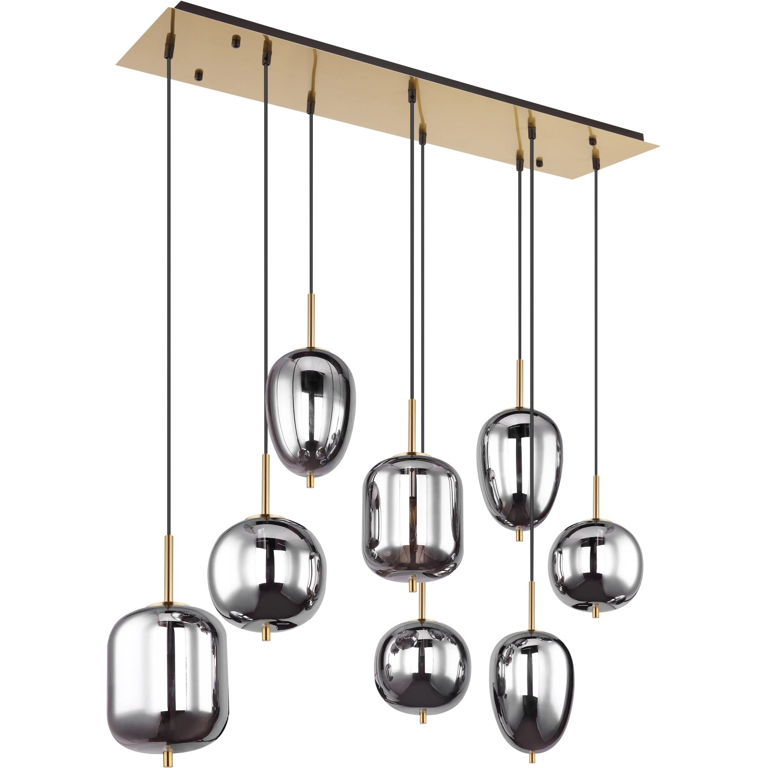 Globo Pendelleuchte Blacky I, 8-flammig, mit Rauchglas-Schirmen und messingfarbenen Details.