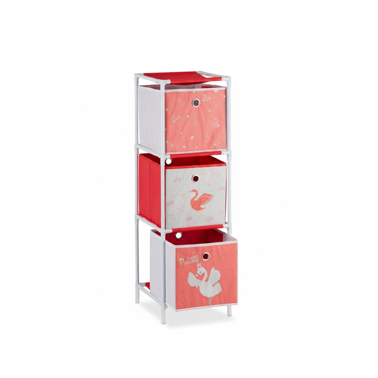Relaxdays Kinderregal Schwan Vliesstoff Weiß Rot mit 3 Boxen 89 cm x 27,5 cm x 30 cm 1,7 kg