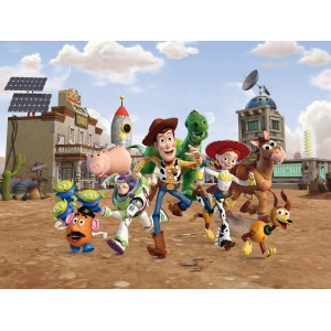 Disney Fototapete Toy Story mit Woody, Buzz Lightyear und Freunden vor Westernkulisse.