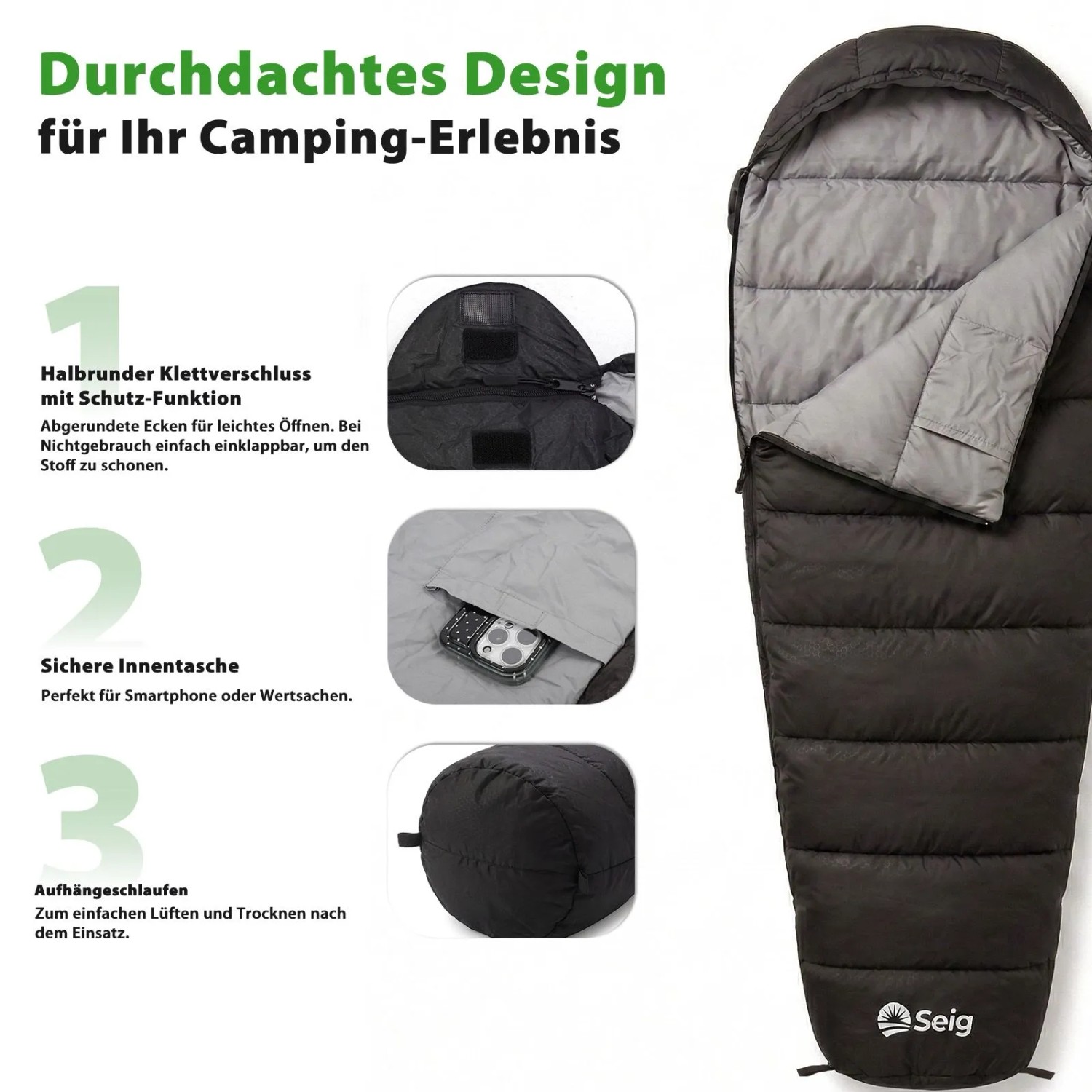 Sekey Mumienschlafsack, anthrazit, 220x80x50cm. Ideal für Camping: mit Innentasche, Kordelzugkapuze und Packsack.