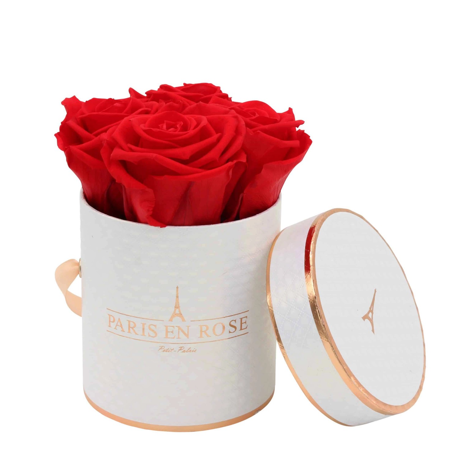 Rosenbox Ø 10 cm Weiß-Roségold Deluxe mit 4 Roten Rosen