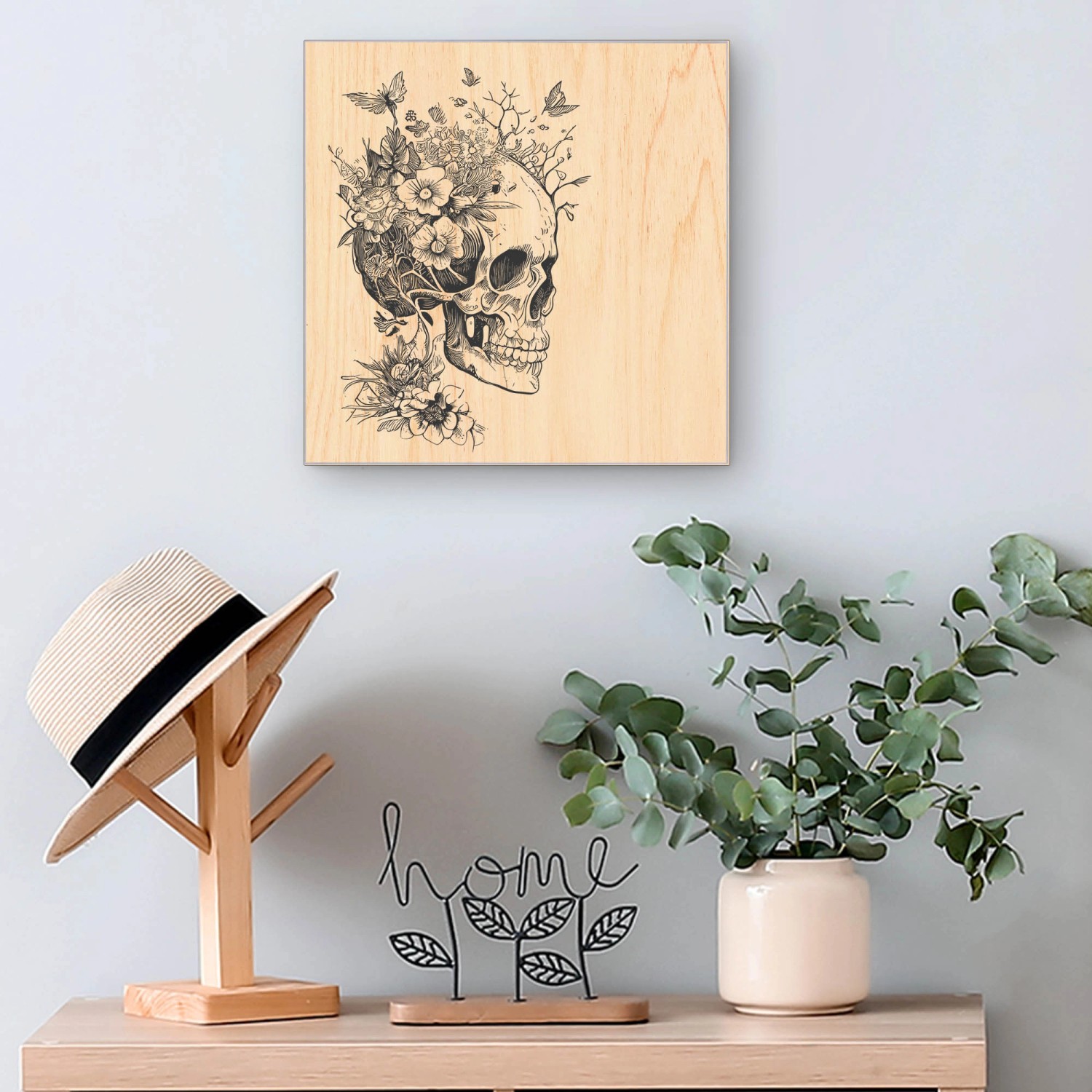 Banjado Schlüsselkasten mit Floral Skull Motiv auf Holzfront, 30x30cm, weiße Schlüsselaufbewahrung mit 50 Haken.