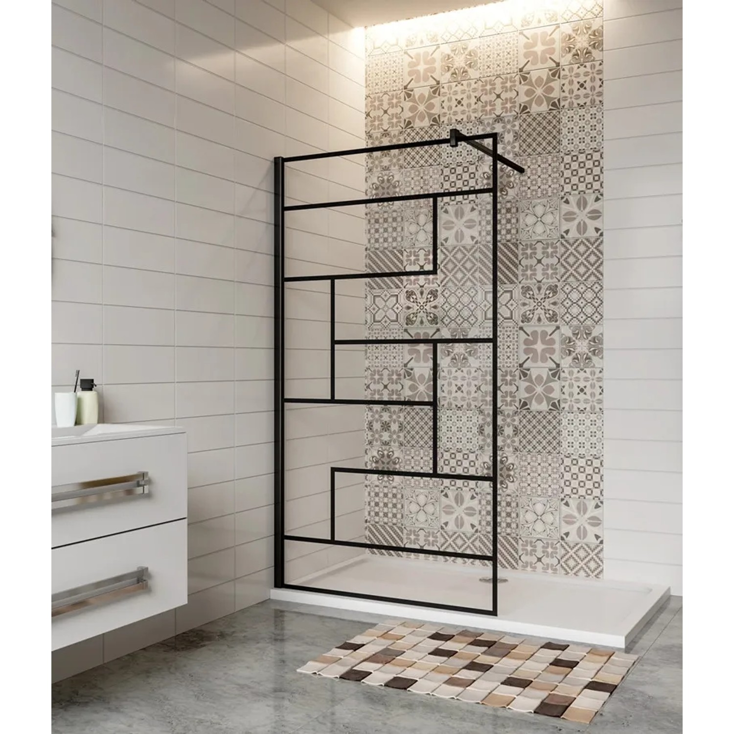 Schwarzes Duschwand-Profil mit Stabilisierungsstange für Walk-In Dusche, Glasstärke 6-10mm.