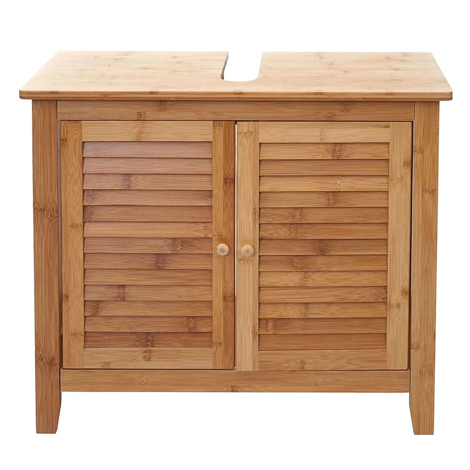 Bambus Waschbeckenunterschrank MCW B18 mit Lamellentüren und Siphon-Aussparung, 60x67x30cm.