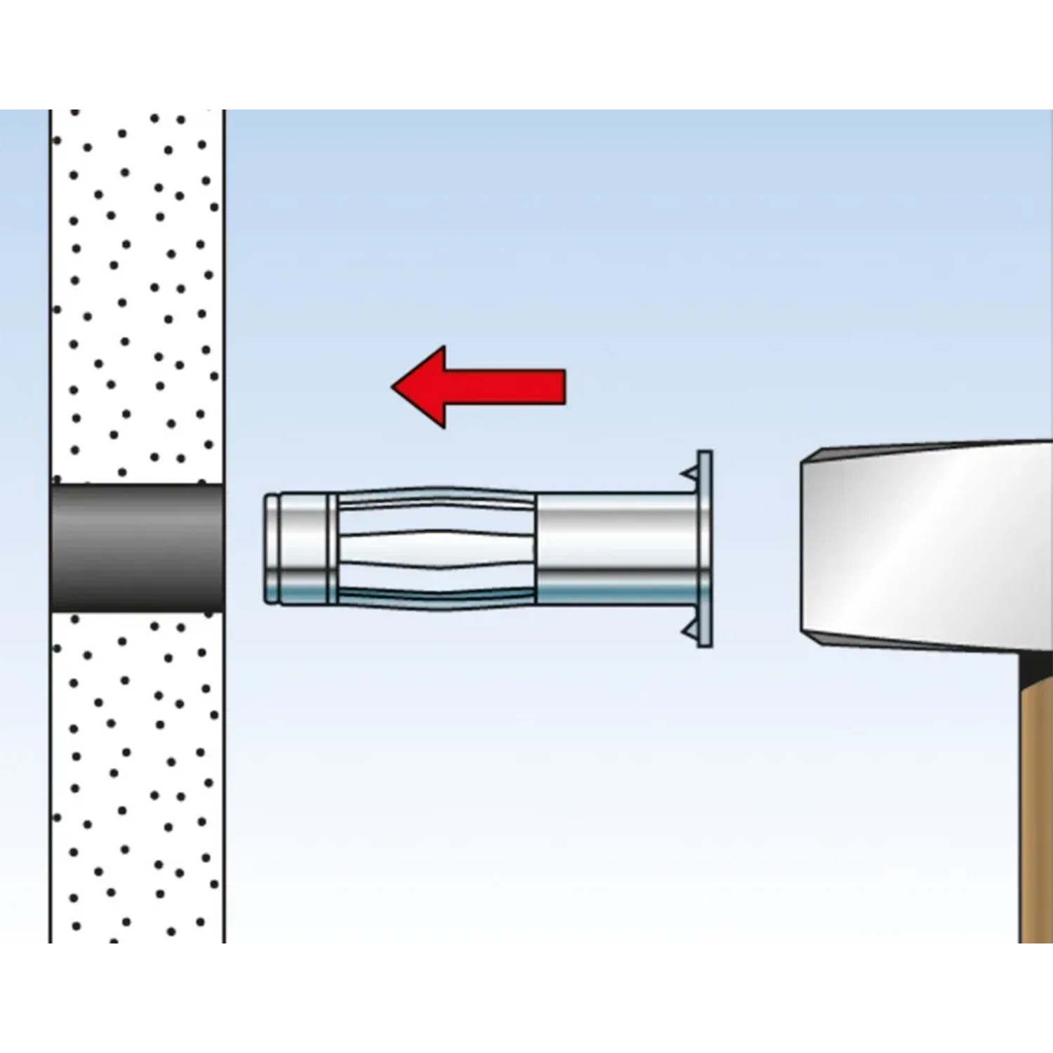 Illustration: Montage des Fischer HM 5x65 Hohlraumdübel mit Hammer in Gipskartonwand.