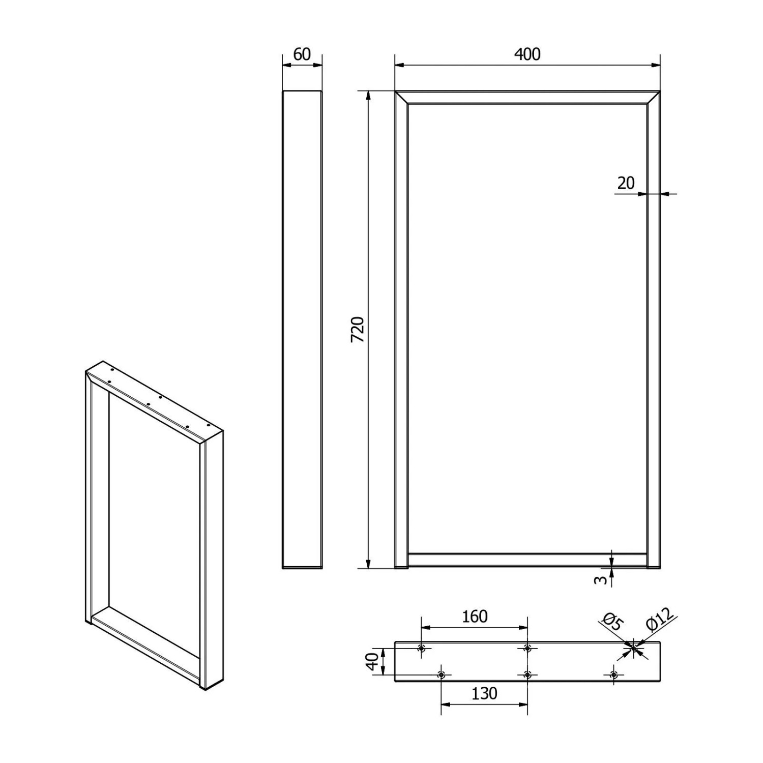 Technische Zeichnung SOTECH Tischgestell 720x400mm, rechteckiges Stahlprofil 60x20mm, mit Montagelöchern. Möbelbeine.