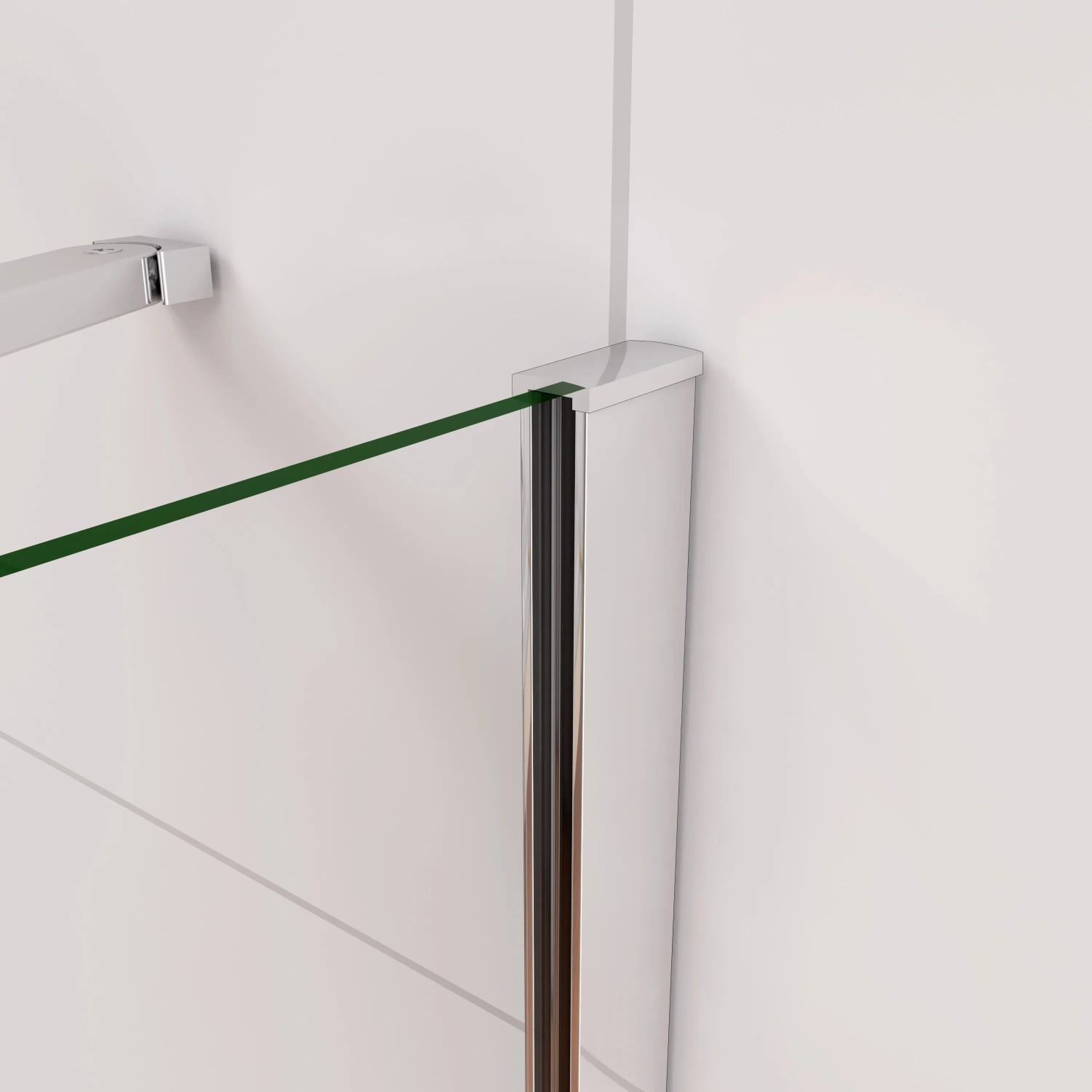 Detailaufnahme: AICA Badewannenaufsatz mit chromfarbenem Rahmen und Glas-Seitenwand.