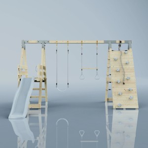 PolarPlay Klettergerüst Krokodil Eisblau mit Schaukel, Rutsche und Kletterwand.