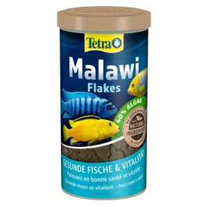 Tetra Malawi Flakes Flockenfutter für Cichliden. Blauer Behälter mit Fischbildern, 40% Algenmix. Für gesunde Fische.