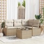 Beiges 5-teiliges Garten-Sofa-Set aus Poly Rattan mit Tisch und Polstern für Terrasse und Garten.