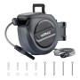 Graue Wiltec Xpotool Schlauchbox mit 20m Gartenschlauch, Aufroll-Automatik, Spritze und Befestigungsmaterial.