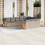 Beige 10-tlg. Garten-Sofagarnitur aus Poly Rattan mit hellgrauen Kissen. Modulare Gartenmöbel für Terrasse und Garten.