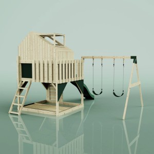 PolarPlay Spielturm Lasse mit Schaukel, Kletterwand und Rutsche in Grün.