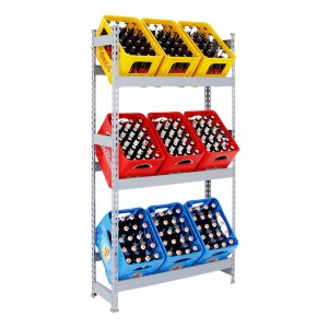 Graues PROREGAL Getränkekistenregal Big Camel mit gelben, roten und blauen Kisten auf 3 Ebenen.