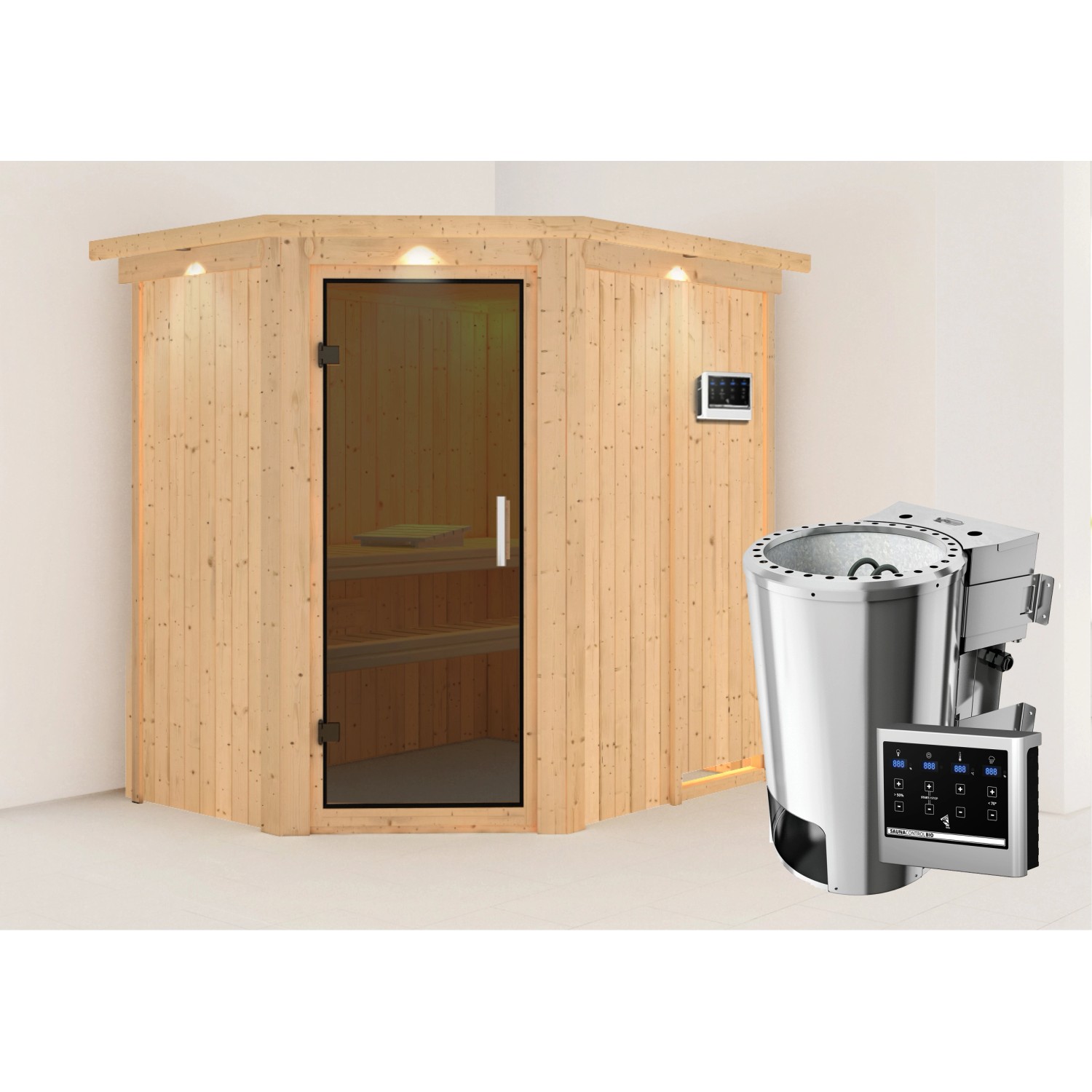 Karibu Sauna Silva mit Bio-Ofen externe Stg.Easy LED-Dachkranz Natur