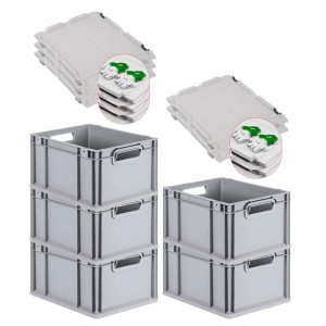 PROREGAL SuperSparSet: 5 graue Euroboxen mit Scharnierdeckel und grünen Verschlüssen, 20 Liter.