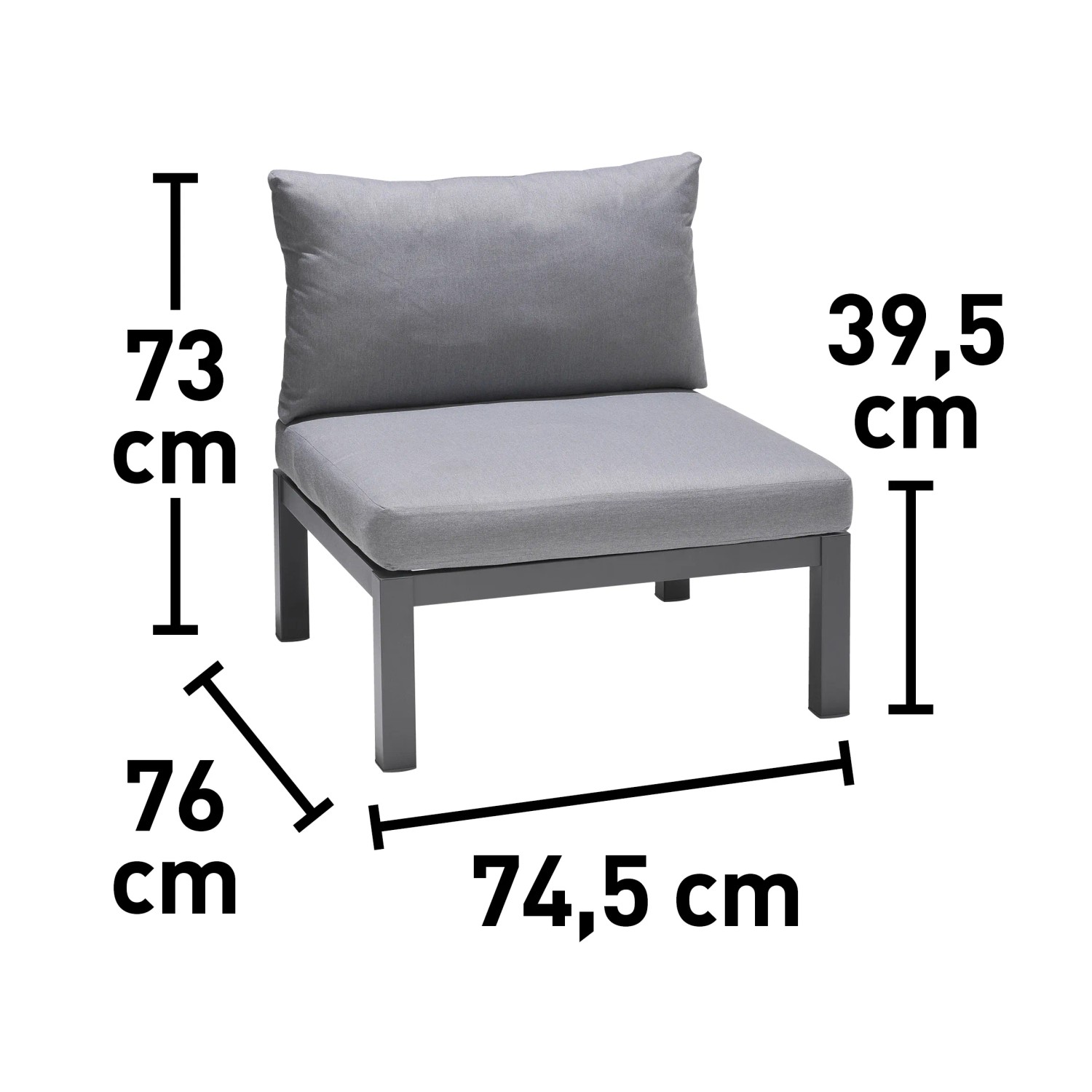 Grauer Lounge-Sessel Bonlee aus Aluminium mit Kissen und Auflagen. Gartenmöbel für entspannte Stunden.