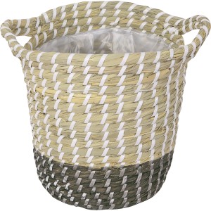 Natur-grauer Pflanzkorb aus Seegras, Ø 22 cm, mit Griffen. Ideal als Übertopf für den Wohnbereich.