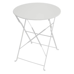 Weißer, runder Klapptisch aus Metall für Balkon/Garten, Teil des Svita Berlin Bistrosets.