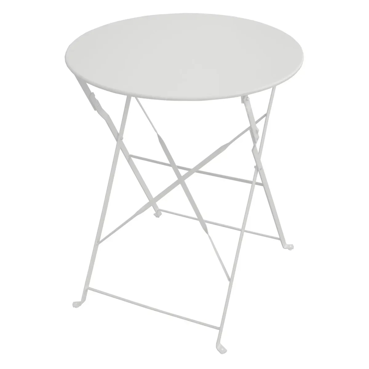 Weißer, runder Klapptisch aus Metall für Balkon/Garten, Teil des Svita Berlin Bistrosets.