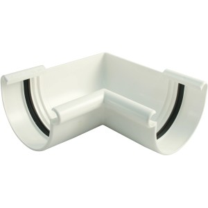 Weiße Marley Dachrinnen Innenecke RG 75 aus Kunststoff im 90° Winkel.