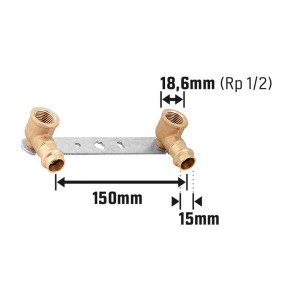 Press-Montageeinheit aus Rotguss mit zwei 90°-Winkel Pressfittings (15 mm, Rp 1/2) auf Montageschiene.