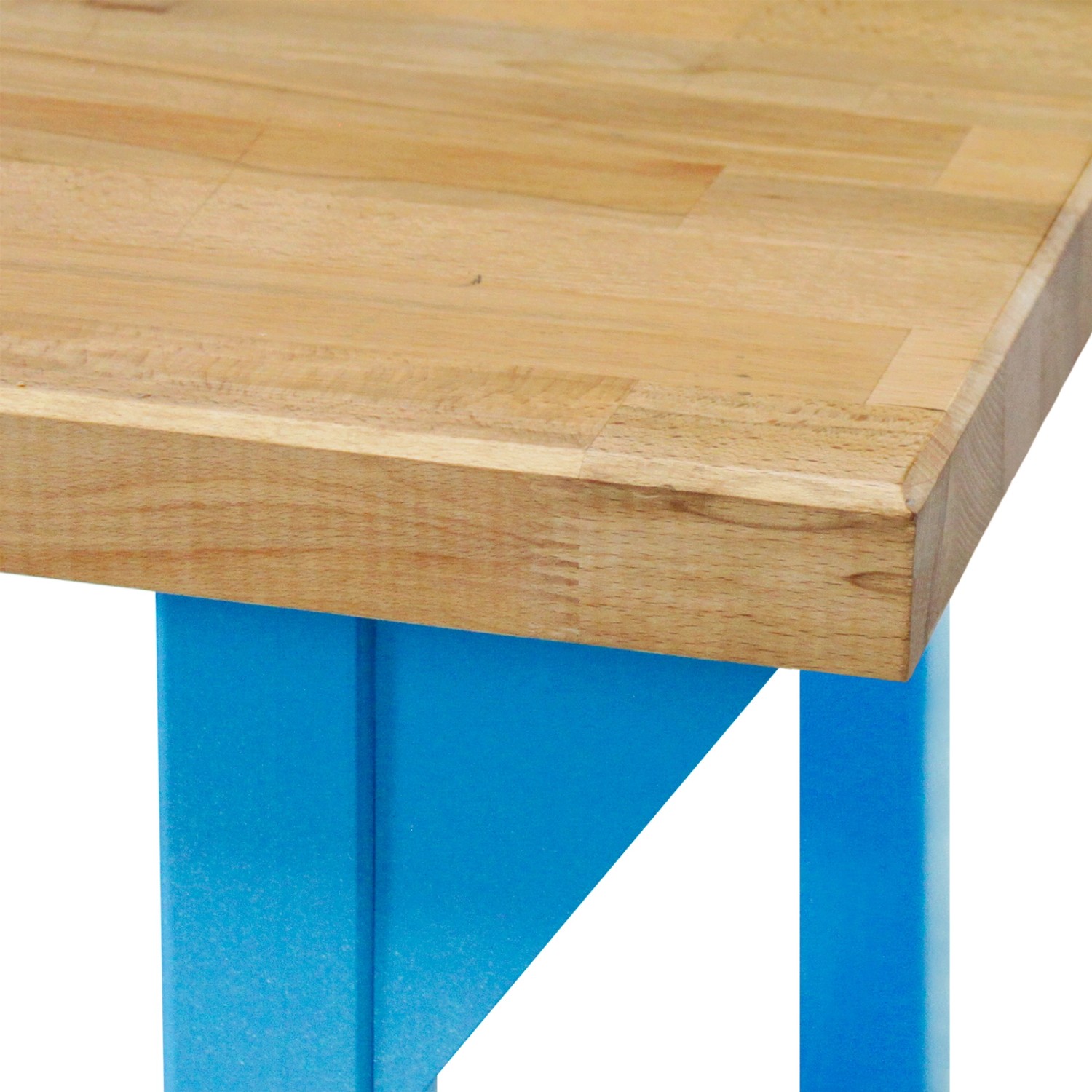 Detailansicht der PROREGAL Werkbank Giant Rhino Plus mit Buchenplatte und lichtblauem Gestell.