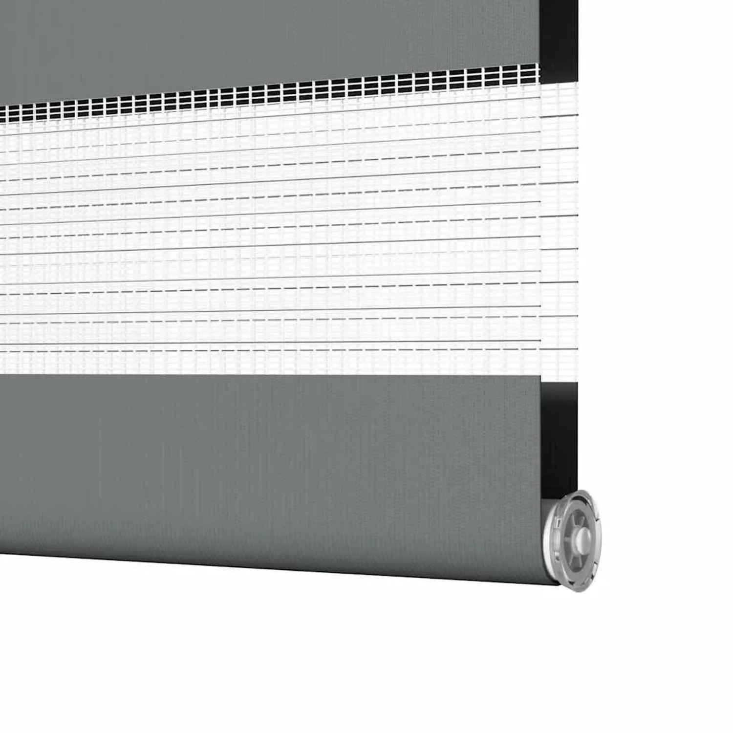 Braunes Doppelrollo aus Polyester mit horizontalen Streifen, teilweise aufgerollt. Ideal als Sicht- und Sonnenschutz.