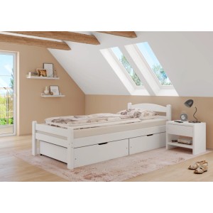 Weißes Holzbett mit zwei Bettkästen aus Buche Massivholz. Stauraumlösung für das Schlafzimmer.