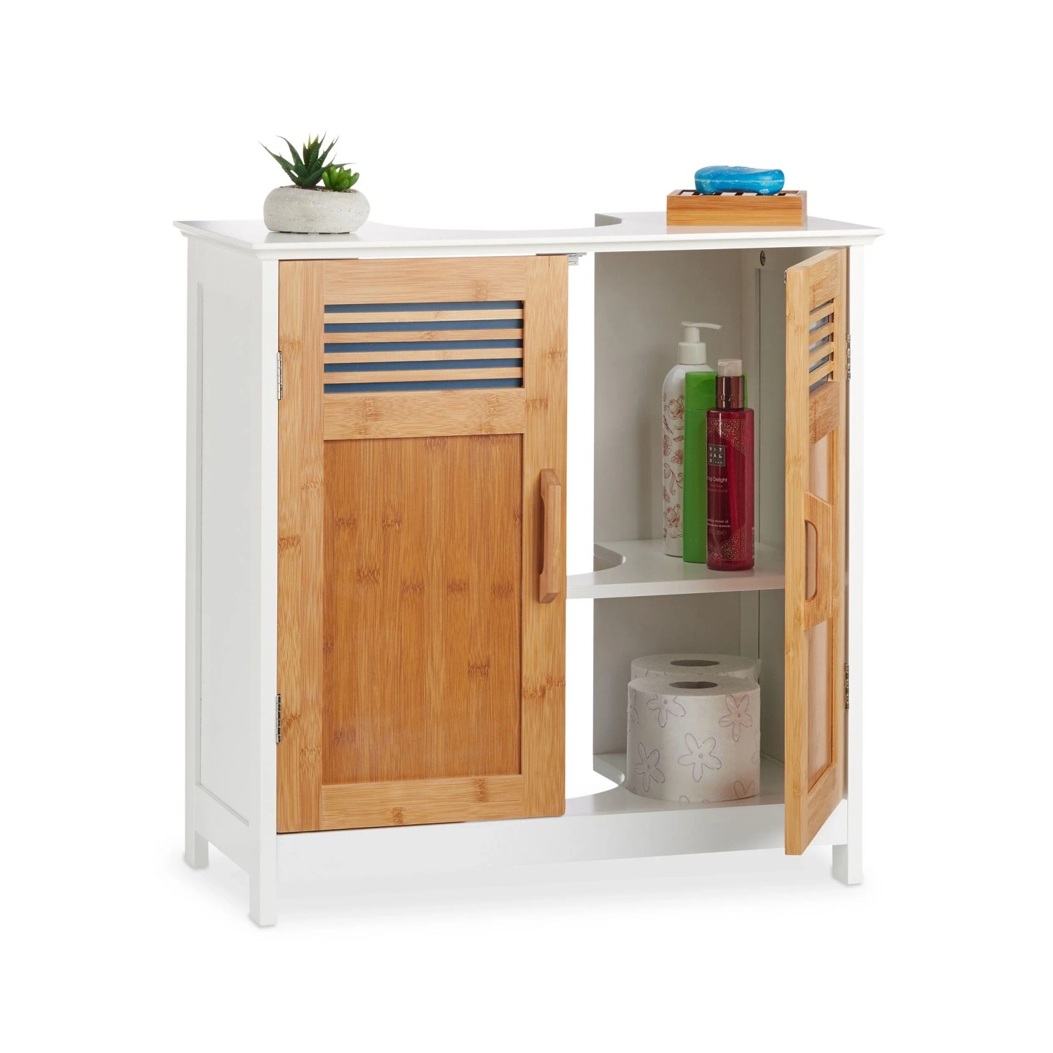 Relaxdays Waschbeckenunterschrank MDF Bambus Weiß Magnetverschluss Höhenverstellbar 60 x 60 x 30 cm 7,8 kg