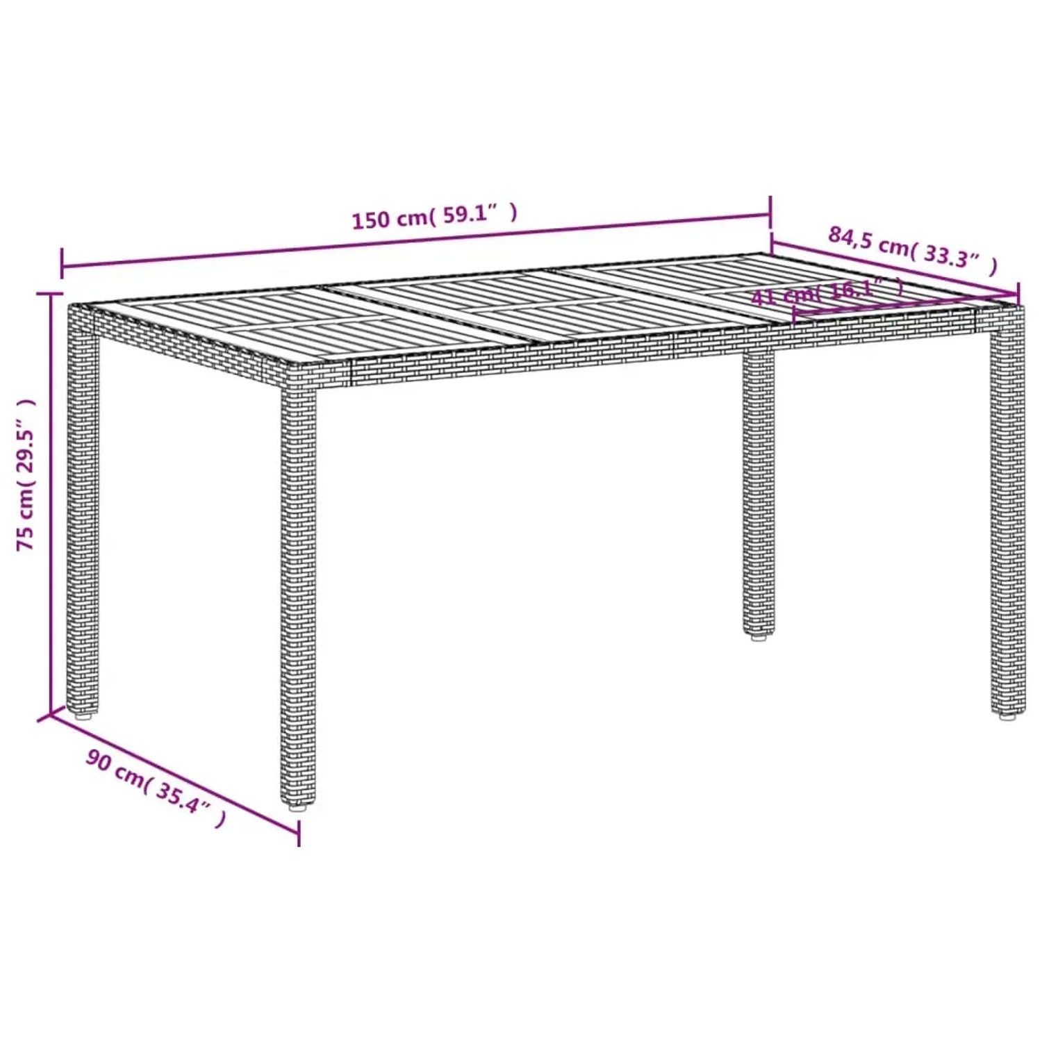 Beiger Gartentisch 150x90 cm aus Polyrattan und Akazienholz, ideal für Garten und Terrasse.