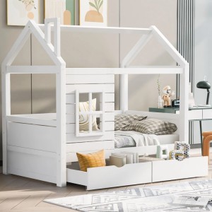 Merax Hausbett 80x160 Kinderbett mit Rausfallschutz Fenster Massivholz Weiß